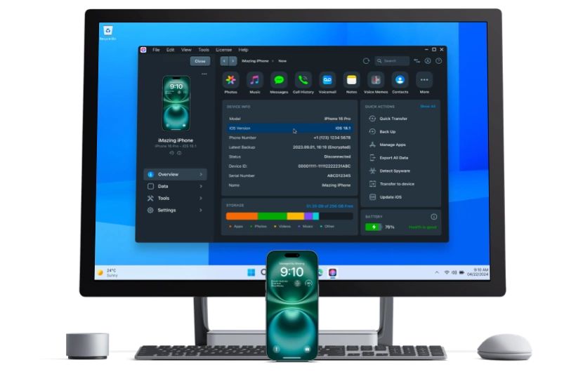 iMazing running on Windows 11, showing the device library